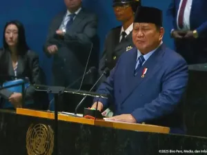 Presiden Prabowo Subianto saat menyampaikan pidatonya pada Sidang Majelis Umum ke-80 Perserikatan Bangsa-Bangsa (PBB) di New York, Amerika Serikat, pada Selasa (23/9/2025).