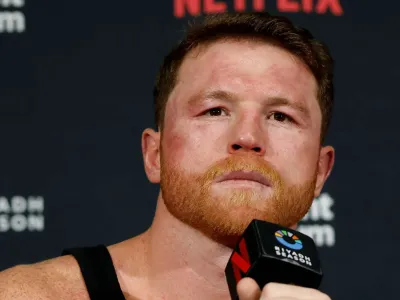 LAS VEGAS, NEVADA - SEPTEMBER 13: Canelo Alvarez speaks to the media during a press conference following his undisputed super middleweight title fight where he was defeated by Terence Crawford (not pictured) by unanimous decision (116-112, 115-113, 115-113) during Netflix's Canelo v Crawford Fight Night at Allegiant Stadium on September 13, 2025 in Las Vegas, Nevada.  (Photo by Harry How/Getty Images for Netflix)
