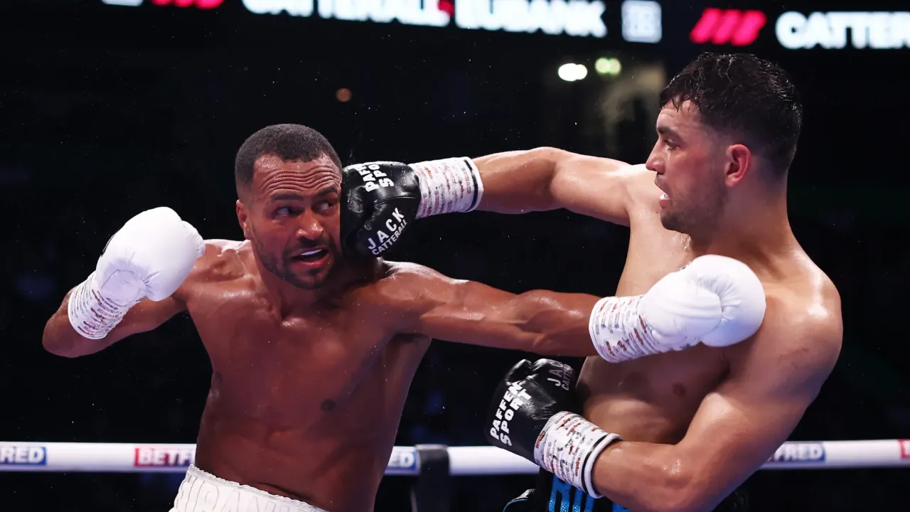 MANCHESTER, ENGLAND - JULY 05: Jack Catterall and Harlem Eubank exchange punches during their IBF Inter-Continental Welterweight title fight on 'The Warrior Code' fight card at AO Arena on July 05, 2025 in Manchester, England. (Photo by Alex Livesey/Getty Images)