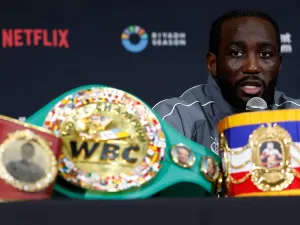 LAS VEGAS, NEVADA - SEPTEMBER 13: Terence Crawford speaks to the media during a press conference following his undisputed super middleweight title fight where he defeated Canelo Alvarez (not pictured) by unanimous decision (116-112, 115-113, 115-113) during Netflix's Canelo v Crawford Fight Night at Allegiant Stadium on September 13, 2025 in Las Vegas, Nevada. (Photo by Harry How/Getty Images for Netflix)