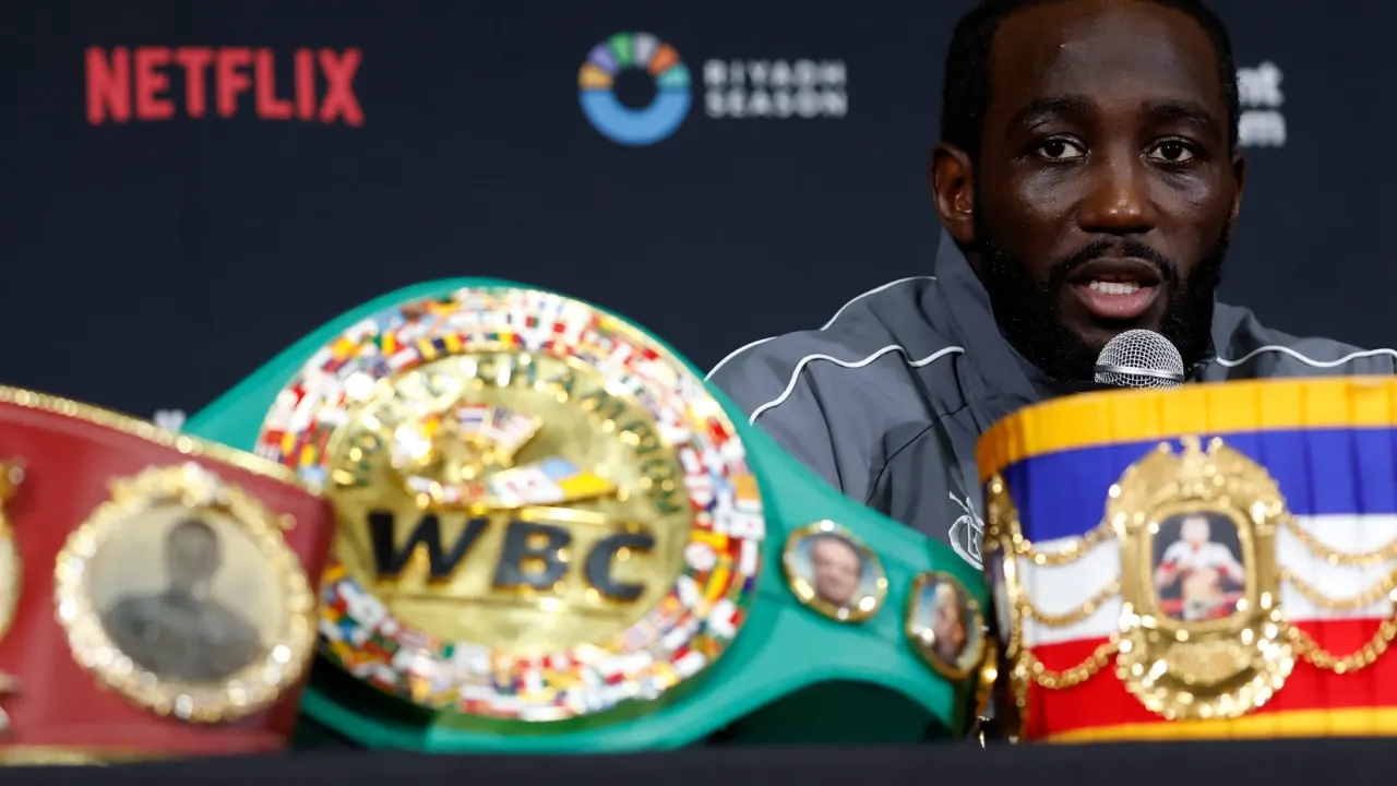 LAS VEGAS, NEVADA - SEPTEMBER 13: Terence Crawford speaks to the media during a press conference following his undisputed super middleweight title fight where he defeated Canelo Alvarez (not pictured) by unanimous decision (116-112, 115-113, 115-113) during Netflix's Canelo v Crawford Fight Night at Allegiant Stadium on September 13, 2025 in Las Vegas, Nevada. (Photo by Harry How/Getty Images for Netflix)
