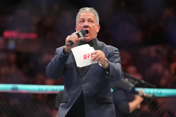 Sep 13, 2025; San Antonio, Texas, UNITED STATES; UFC announcer Bruce Buffer before the fight between Diego Lopes (red gloves) and Jean Silva (blue gloves) during Noche UFC at Frost Bank Center. Mandatory Credit: Daniel Dunn-Imagn Images