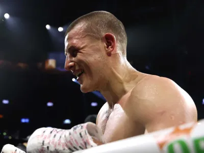 LAS VEGAS, NEVADA - MAY 04: Eimantas Stanionis celebrates after defeating Gabriel Maestre by unanimous decision in their WBA welterweight championship title fight at T-Mobile Arena on May 04, 2024 in Las Vegas, Nevada. (Photo by Christian Petersen/Getty Images)