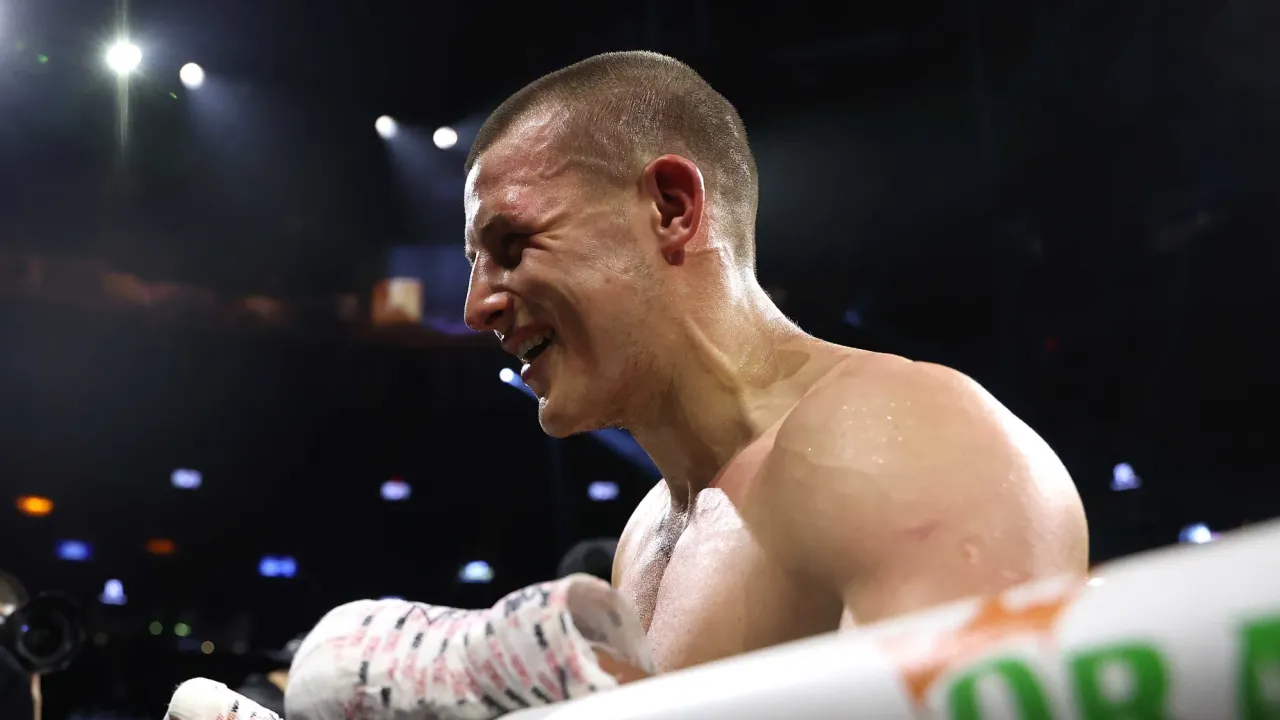 LAS VEGAS, NEVADA - MAY 04: Eimantas Stanionis celebrates after defeating Gabriel Maestre by unanimous decision in their WBA welterweight championship title fight at T-Mobile Arena on May 04, 2024 in Las Vegas, Nevada. (Photo by Christian Petersen/Getty Images)