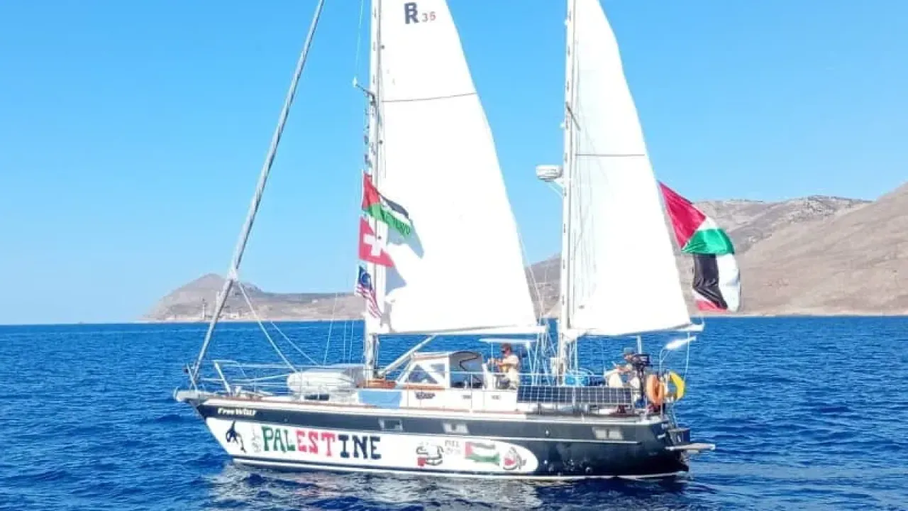 A handout image of the boat Free Willy sailing in the waters off the island of Crete, which is to join the Global Sumud Flotilla that has come under drone attack while trying to deliver aid to Gaza and break Israel