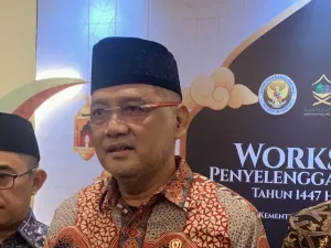 Mochamad Irfan Yusuf atau Gus Irfan di agenda Workshop Penyelenggaraan Haji Tahun 1447 Hijriah atau 2026 Masehi di Hotel Borobudur, Jakarta Pusat, Selasa (5/8/2025).