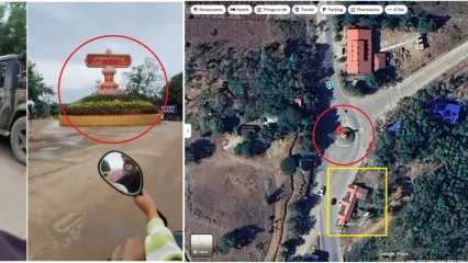 <span>Screenshot comparison between the falsely shared video (left and center) and the Google Maps' satellite imagery (right), with elements made by AFP to highlight corresponding components</span>