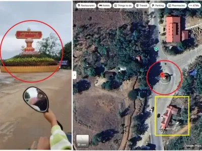 <span>Screenshot comparison between the falsely shared video (left and center) and the Google Maps' satellite imagery (right), with elements made by AFP to highlight corresponding components</span>
