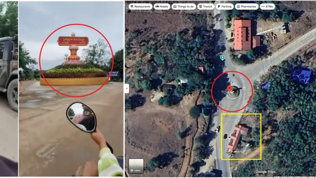 <span>Screenshot comparison between the falsely shared video (left and center) and the Google Maps' satellite imagery (right), with elements made by AFP to highlight corresponding components</span>