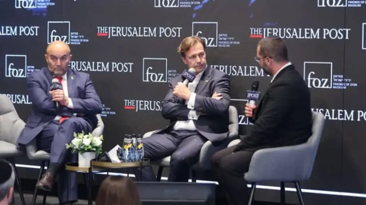 French Ambassador Frédéric Journès, German ambassador Steffen Siebert speaking at The Jerusalem Post Diplomatic Conference, September 16, 2025. (credit: MARC ISRAEL SELLEM)