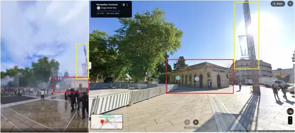 <span>Screenshot comparisons between the false video (L) and Google Maps' street view imagery of the Place de la Comédie in Montpellier, with similarities highlighted by AFP</span>
