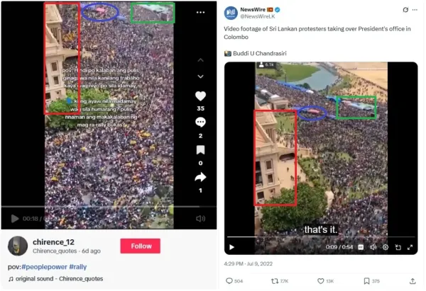 <span>Screenshot comparison of the falsely shared video (left) and a NewsWire post from July 2022 (right), with corresponding elements highlighted by AFP</span>