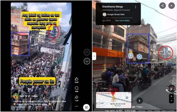 <span>Screenshot comparison of the falsely shared video (left) and Google Street View imagery from Kathmandu (right), with matching features highlighted by AFP</span>