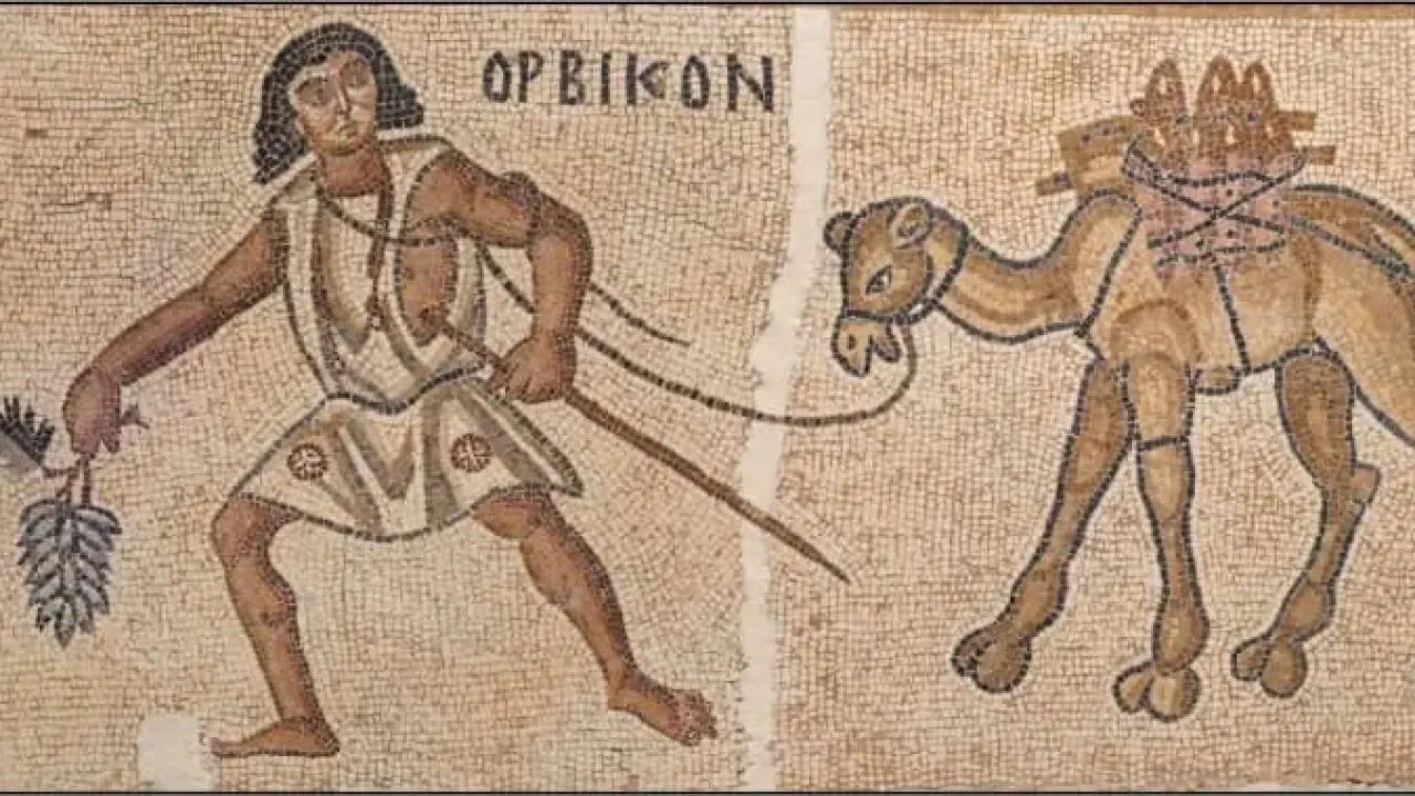 Kissufim Floor Mosaic from the 6th century CE depicts a camel carrying amphorae resembling Gazan jars found in the Negev Desert. (photo credit: Collection of the Israel Antiquities Authority, courtesy of the Israel Museum Jerusalem/Elie Posner)