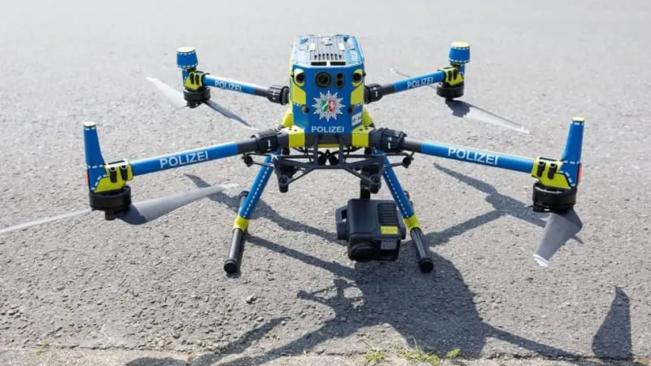 A police drone is seen in front of the Bielefeld-Senne prison. With increasing threats from drones and other technologies, Europe is rethinking its role on the battlefield. Friso Gentsch/dpa