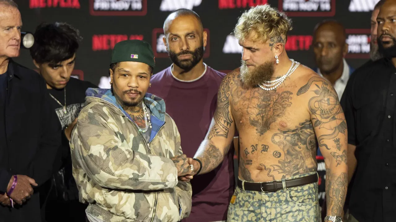 NEW YORK, UNITED STATES - SEPTEMBER 22: Gervonta 'Tank' Davis and Jake Paul face off during Jake vs. Tank kickoff press conference at Palladium Times Square in New York, United States, on September 22, 2025. (Photo by Mostafa Bassim/Anadolu via Getty Images)