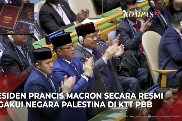 Presiden Prabowo Subianto yang hadir terlihat berdiri dan memberikan tepuk tangan atau standing ovation saat Presiden Emanuel Macron menyampaikan pidatonya, Selasa (23/9/2024).