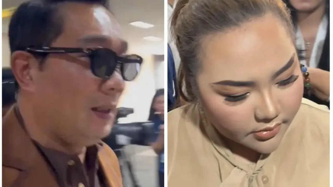 Mantan Gubernur Jawa Barat, Ridwan Kamil, dan Selebgram Lisa Mariana mendatangi gedung Bareskrim Polri, Jakarta, Kamis (7/8/2025). Keduanya hadir untuk pengambilan sampel DNA.