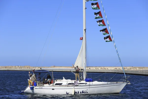 A boat that is part of the Global Sumud Flotilla departs to Gaza to deliver aid amidst Israel's blockade on the Palestinian territory, in the Tunisian port of Bizerte, Saturday, Sept. 13, 2025. (AP Photo/Anis Mili)ASSOCIATED PRESS