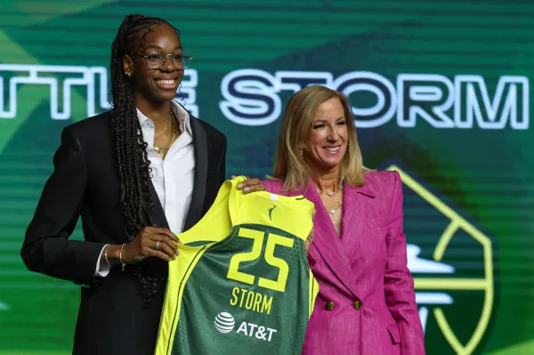 Apr 14, 2025; New York, New York, USA; Dominique Malonga poses with WNBA commissioner Cathy Engelbert after being selected with the number two overall pick to the Seattle Storm in the 2025 WNBA Draft at The Shed at Hudson Yards. Mandatory Credit: Vincent Carchietta-Imagn Images