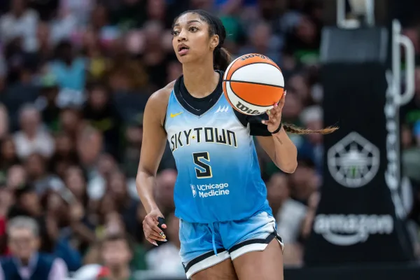Aug 30, 2025; Seattle, Washington, USA; Chicago Sky forward Angel Reese (5) dribbles the ball against the Seattle Storm at Climate Pledge Arena. Mandatory Credit: Stephen Brashear-Imagn Images