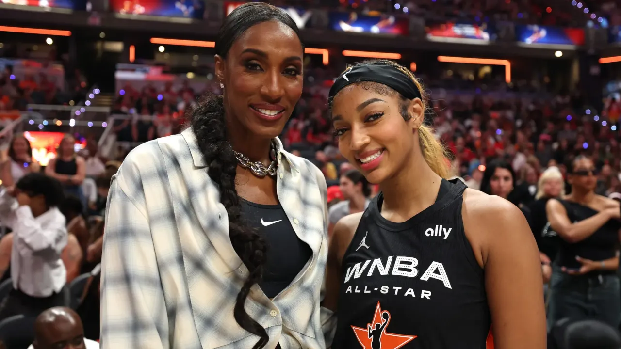 INDIANAPOLIS, INDIANA - JULY 19: (L-R) Former WNBA player Lisa Leslie poses with Angel Reese #5 of the Chicago Sky during the 2025 AT&amp;T WNBA All-Star Game at Gainbridge Fieldhouse on July 19, 2025 in Indianapolis, Indiana. (Photo by Steph Chambers/Getty Images)