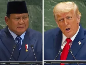 Kolase tangkapan layar video Presiden Indonesia Prabowo Subianto (kiri) dan Presiden Amerika Serikat Donald Trump (kanan) saat sesi Debat Umum di Sidang Umum PBB, New York, 23 September 2025.