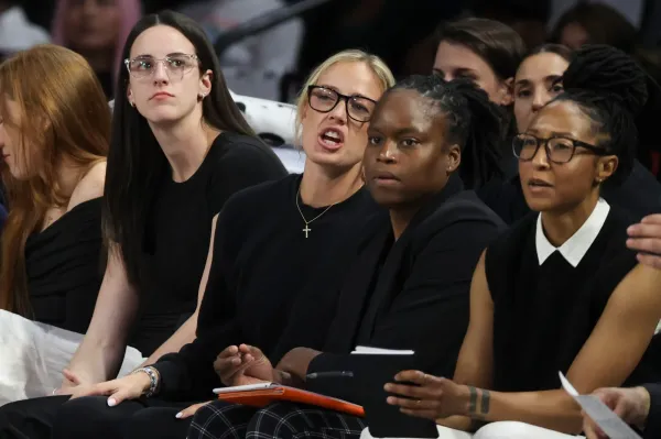 LAS VEGAS, NEVADA - SEPTEMBER 23: Caitlin Clark #22 of the Indiana Fever looks on from the bench in the fourth quarter of a game of Game Two of the 2025 WNBA Playoffs semifinals against the Las Vegas Aces at Michelob ULTRA Arena on September 23, 2025 in Las Vegas, Nevada. NOTE TO USER: User expressly acknowledges and agrees that, by downloading and or using this photograph, User is consenting to the terms and conditions of the Getty Images License Agreement. (Photo by Ian Maule/Getty Images)