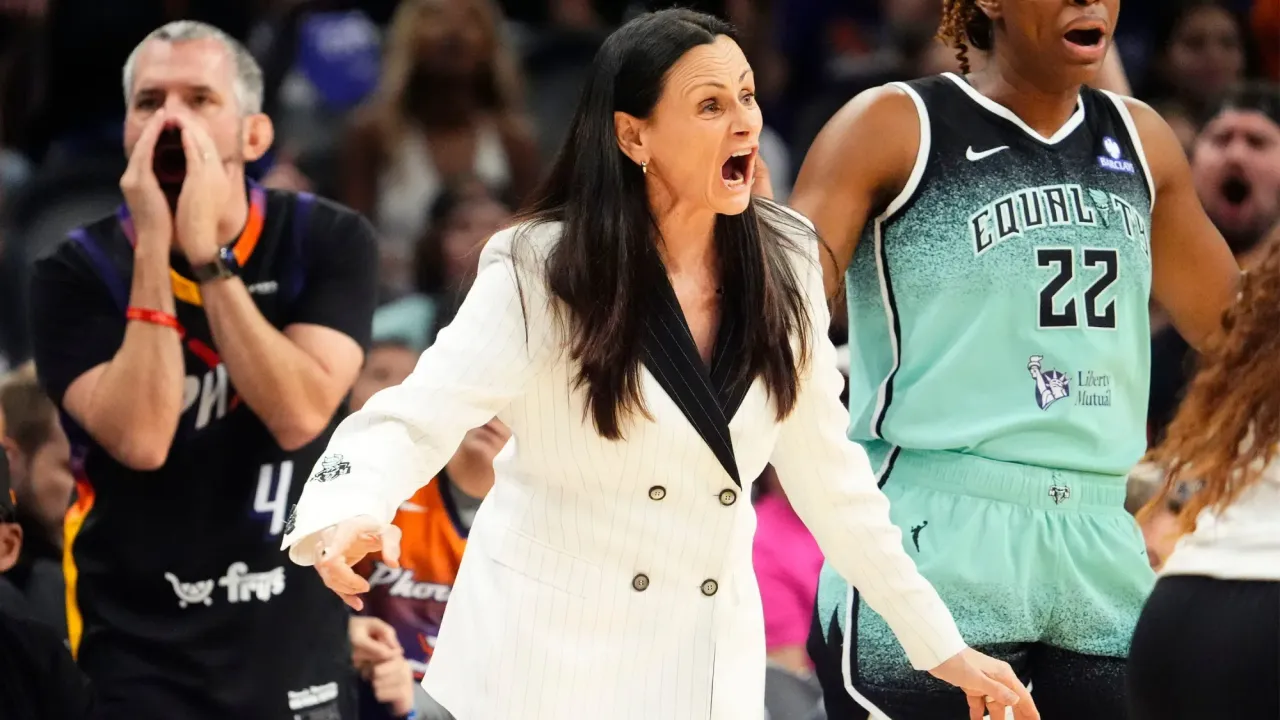 New York Liberty head coach Sandy Brondello reacts during action against the Phoenix Mercury in the first half of Game One of the 2025 WNBA Playoffs first round at PHX Arena on Sept. 14, 2025.