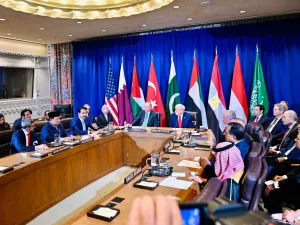 Presiden Republik Indonesia, Prabowo Subianto menghadiri Multilateral Meeting on the Middle East atas undangan Presiden Amerika Serikat, Donald Trump di sela-sela acara Sidang Umum Perserikatan Bangsa-Bangsa (PBB) di Ruang Konsultasi Dewan Keamanan PBB, New York, pada Selasa (23/9/2025).