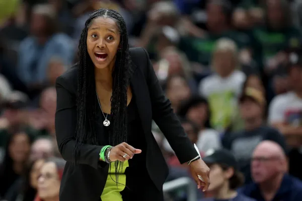 SEATTLE, WASHINGTON - AUGUST 13: Head coach Noelle Quinn of the Seattle Storm reacts against the Atlanta Dream at Climate Pledge Arena on August 13, 2025 in Seattle, Washington. (Photo by Steph Chambers/Getty Images)