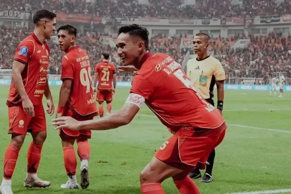 Selebrasi Rizky Ridho dalam laga pekan pertama Super League 2025-2026 antara Persija Jakarta vs Persita Tangerng di Jakarta International Stadium, Minggu (10/9/2025).