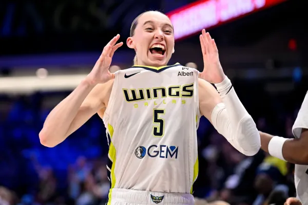 Sep 11, 2025; Arlington, Texas, USA; Dallas Wings guard Paige Bueckers (5) celebrates after the game against the Phoenix Mercury at College Park Center. Mandatory Credit: Jerome Miron-Imagn Images