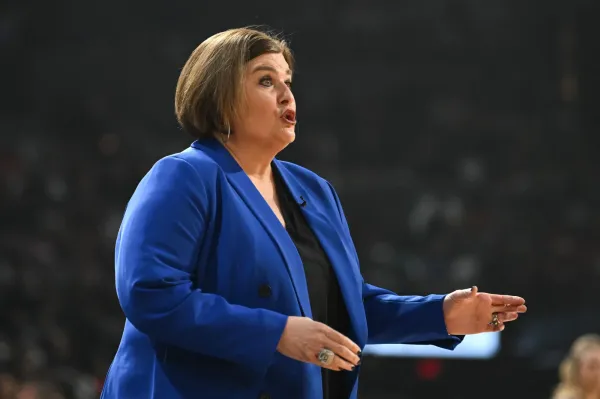 Sep 26, 2023; Las Vegas, Nevada, USA; Dallas Wings head coach Latricia Trammell speaks to players on the court during game two of the 2023 WNBA Playoffs against the Las Vegas Aces at Michelob Ultra Arena. Mandatory Credit: Candice Ward-USA TODAY Sports