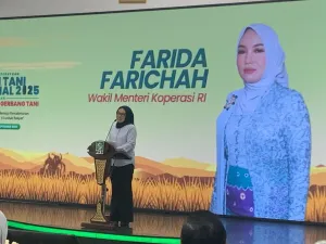 Wakil Menteri Koperasi (Wamenkop) Farida Farichah dalam agenda Hari Tani Nasional 2025 dan Harlah ke-11 Gerbang Tani di Kantor DPP PKB, Jakarta Pusat, Rabu (24/9/2025).