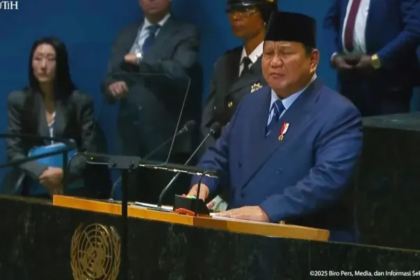 Presiden Prabowo Subianto saat menyampaikan pidatonya pada Sidang Majelis Umum ke-80 Perserikatan Bangsa-Bangsa (PBB) di New York, Amerika Serikat, pada Selasa (23/9/2025).