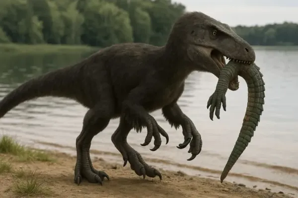A rare fossil of Joaquinraptor casali from Patagonia reveals a powerful predator that may have dined on crocodiles. (CREDIT: The Brighter Side of News / AI-generated)