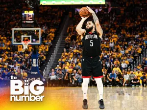 Fred VanVleet #5 of the Houston Rockets shoots the ball against the Golden State Warriors in Game Three of the Western Conference First Round NBA Playoffs at Chase Center on April 26, 2025 in San Francisco, California. (Photo by Ezra Shaw/Getty Images)