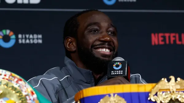 LAS VEGAS, NEVADA - SEPTEMBER 13: Terence Crawford speaks to the media during a press conference following his undisputed super middleweight title fight where he defeated Canelo Alvarez (not pictured) by unanimous decision (116-112, 115-113, 115-113) during Netflix's Canelo v Crawford Fight Night at Allegiant Stadium on September 13, 2025 in Las Vegas, Nevada.  (Photo by Harry How/Getty Images for Netflix)