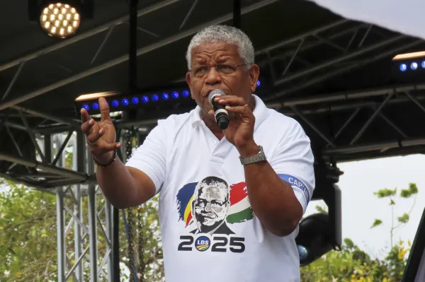 President Wavel Ramkalawan of the Republic of Seychelles and presidential candidate for Linyon Demokratik Seselwa delivers a speech at a campaign rally at Freedom Square in Victoria, Seychelles, Sunday, Sep. 21, 2025. (AP Photo/Emilie Chetty)ASSOCIATED PRESS