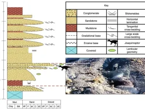 Stratigraphic column and photograph of Valle Joaquín showing the position of the horizon of the Lago Colhué Huapi Formation that yielded Joaquinraptor. (CREDIT: Nature Communications)