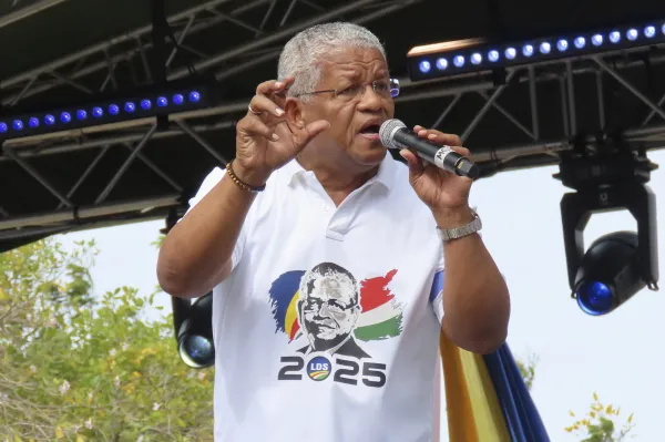 President Wavel Ramkalawan of the Republic of Seychelles and presidential candidate for Linyon Demokratik Seselwa delivers a speech at a campaign rally at Freedom Square in Victoria, Seychelles, Sunday, Sep. 21, 2025. (AP Photo/Emilie Chetty)ASSOCIATED PRESS