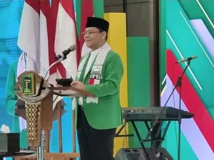 Pelaksana tugas (Plt) Partai Persatuan Pembangunan (PPP) Muhamad Mardiono saat pidato dalam Muktamar X yang digelar di Kawasan Ancol, Jakarta, Sabtu (27/9/2025).