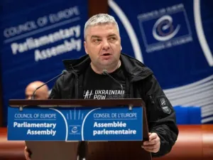 Ukrainian journalist and human rights activist Maxym Butkevych speaks to the audience after being awarded the Vaclav Havel Human Rights Prize at the European Council meeting. Sebastien Bozon/AFP/dpa