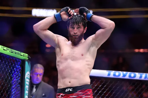 LAS VEGAS, NEVADA - MARCH 08: Magomed Ankalaev of Russia reacts after defeating Alex Pereira of Brazil to win the Light Heavyweight Title during UFC 313 at T-Mobile Arena on March 08, 2025 in Las Vegas, Nevada. (Photo by Ian Maule/Getty Images)