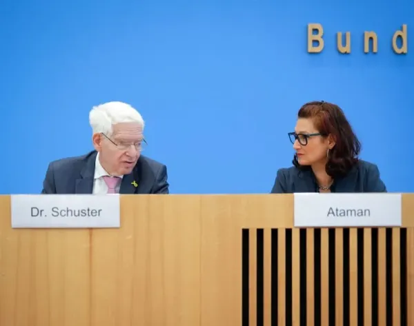 Josef Schuster (L), President of the Central Council of Jews in Germany, and Ferda Ataman (R), Independent Federal Commissioner for Anti-Discrimination, present the results of the research project "Anti-Semitism in Germany - Effects of October 7, 2023" during a press conference. Soeren Stache/dpa