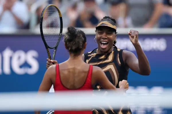NEW YORK, NEW YORK - SEPTEMBER 01: Leylah Fernandez of Canada (L) and partner Venus Williams of the United States celebrate after defeating Shuai Zhang of China and Ekaterina Alexandrova in their Women's Doubles Third Round match against on Day Nine of the 2025 US Open at USTA Billie Jean King National Tennis Center on September 1, 2025 in the Flushing neighborhood of the Queens borough of New York City. (Photo by Maddie Meyer/Getty Images)