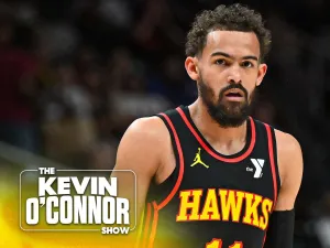 Trae Young #11 of the Atlanta Hawks looks on against the New York Knicks during the first quarter at State Farm Arena on April 05, 2025 in Atlanta, Georgia. (Photo by Paras Griffin/Getty Images)