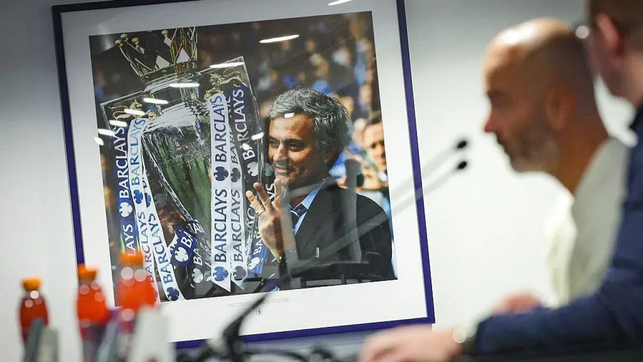A picture of Jose Mourinho on the wall at Chelsea&#39;s ground