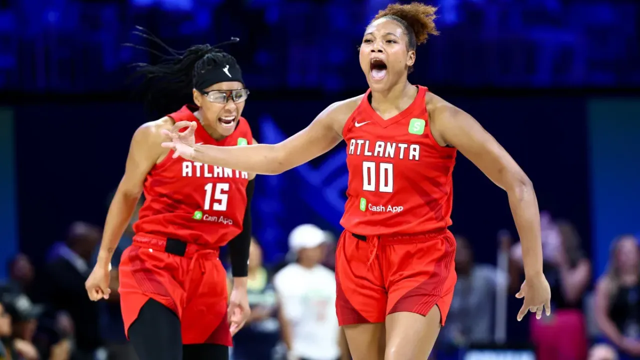 Atlanta Dream forward Naz Hillmon celebrates with Atlanta Dream guard Allisha Gray.© Kevin Jairaj-Imagn Images